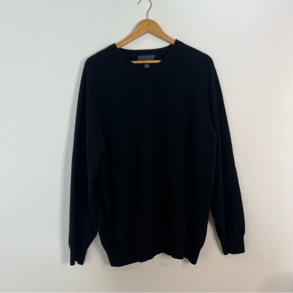 Giasone Men's Sweater V-Neck 2 Ply Black Knit Cashmere Pullover Size XL - Picture 2 of 6